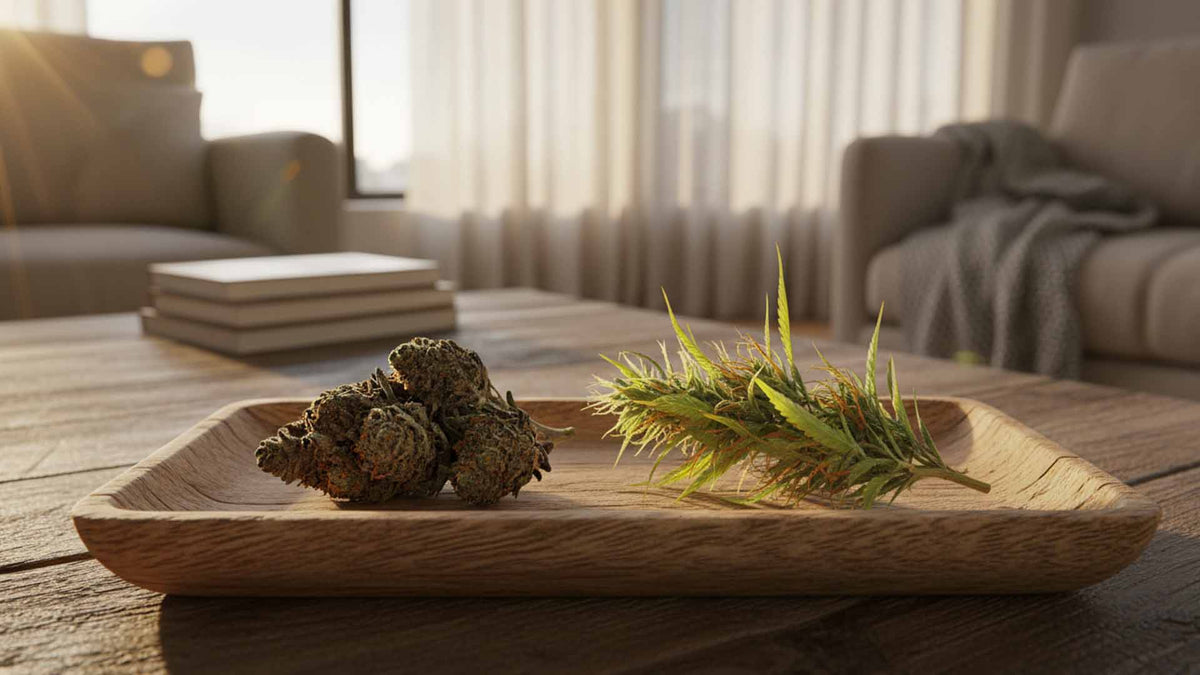 Nine Relams THC-X and THC flower buds on a wooden rolling tray in the living room