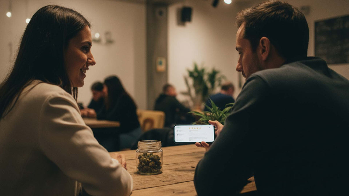 THCD Nine Realms flower buds on a wooden table with people in the background