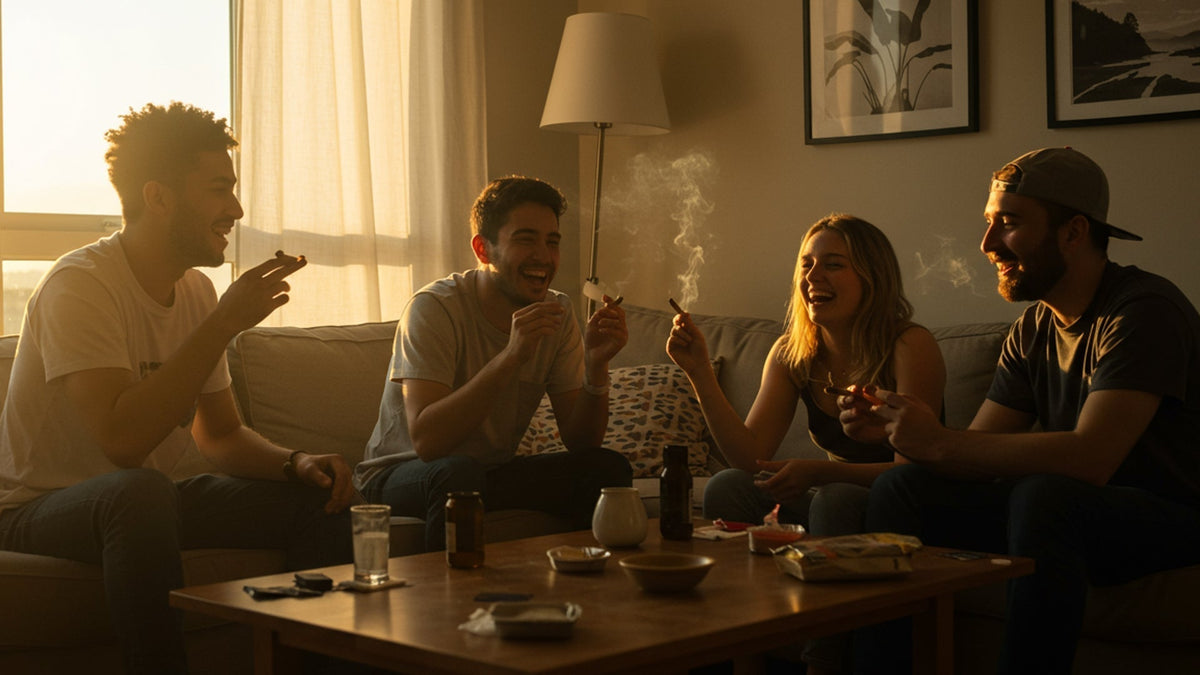 Nine realms customer enjoying thcp cannabis joints in the living room