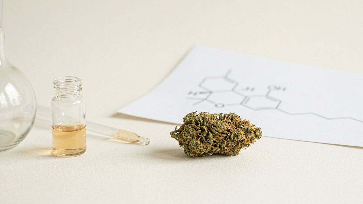 Nine Realms THCP-O cannabinoid flower on a white table with a sheet of paper and lab glass tools next to it