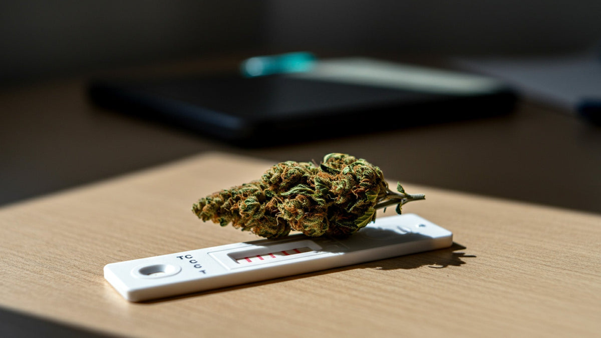 nine realms thcp flower on the table next to a drug test