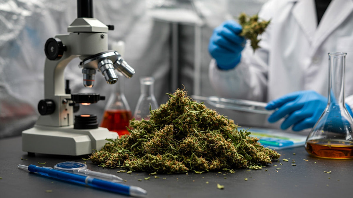 Nine Realms cannabis flower in a laboratory on the table with a microscope