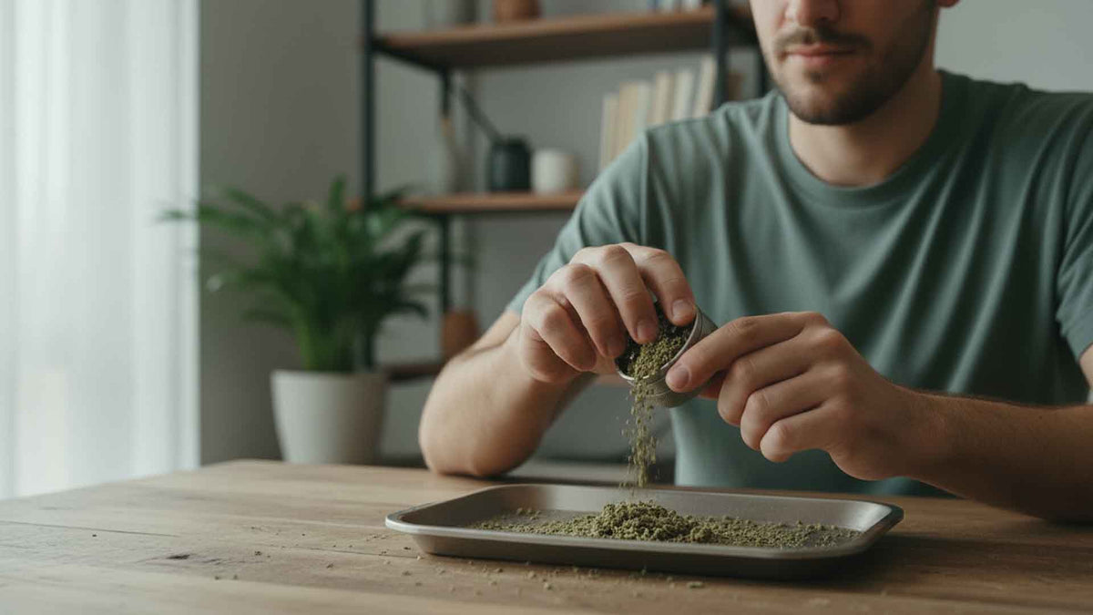 THP420 cannabis flower grinded in a Nine Realms grinder and poured on a rolling tray