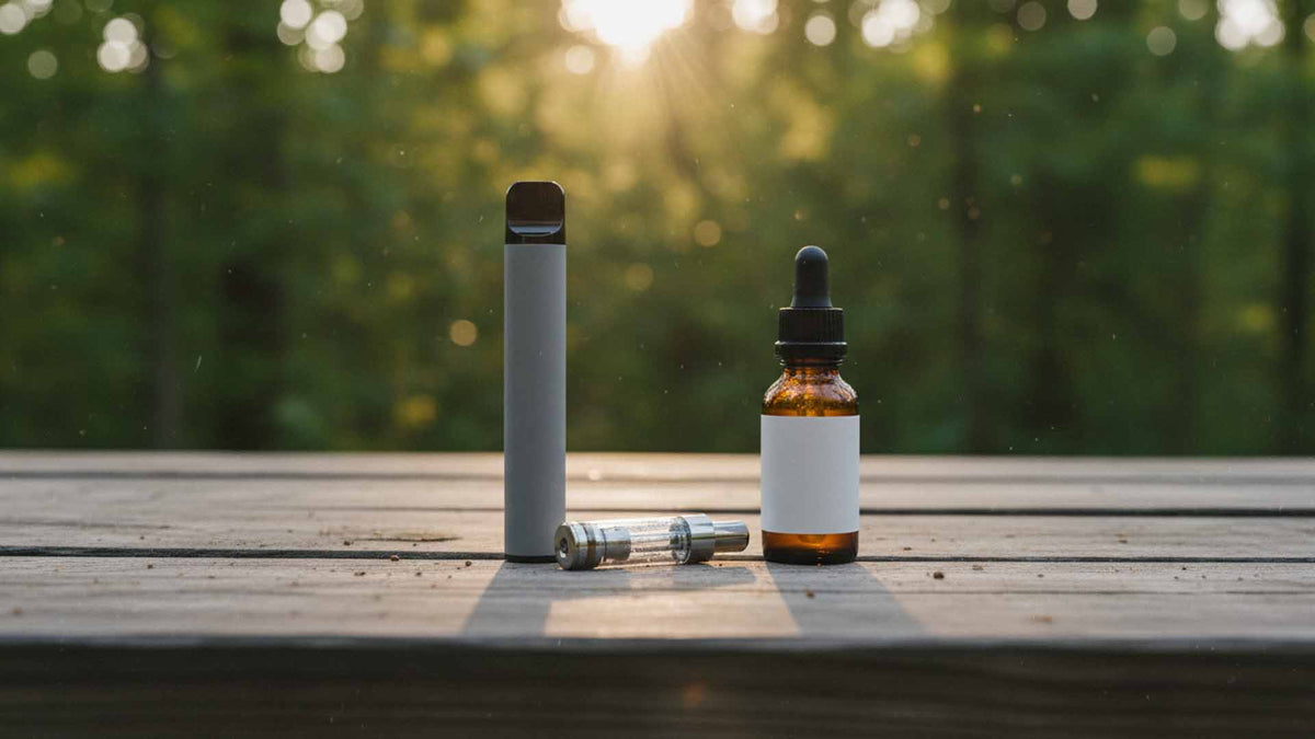 Different THP420 vape formats on a wooden table in nature photographed by Nine Realms