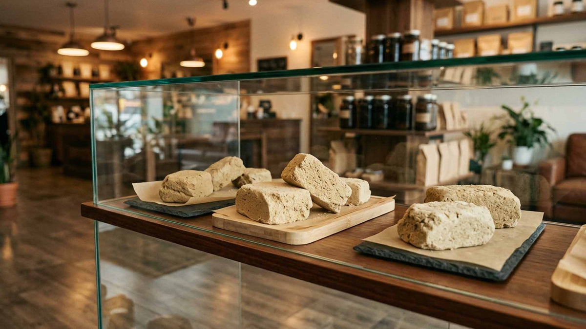 Nine Realms la mousse hash behind a store glass counter