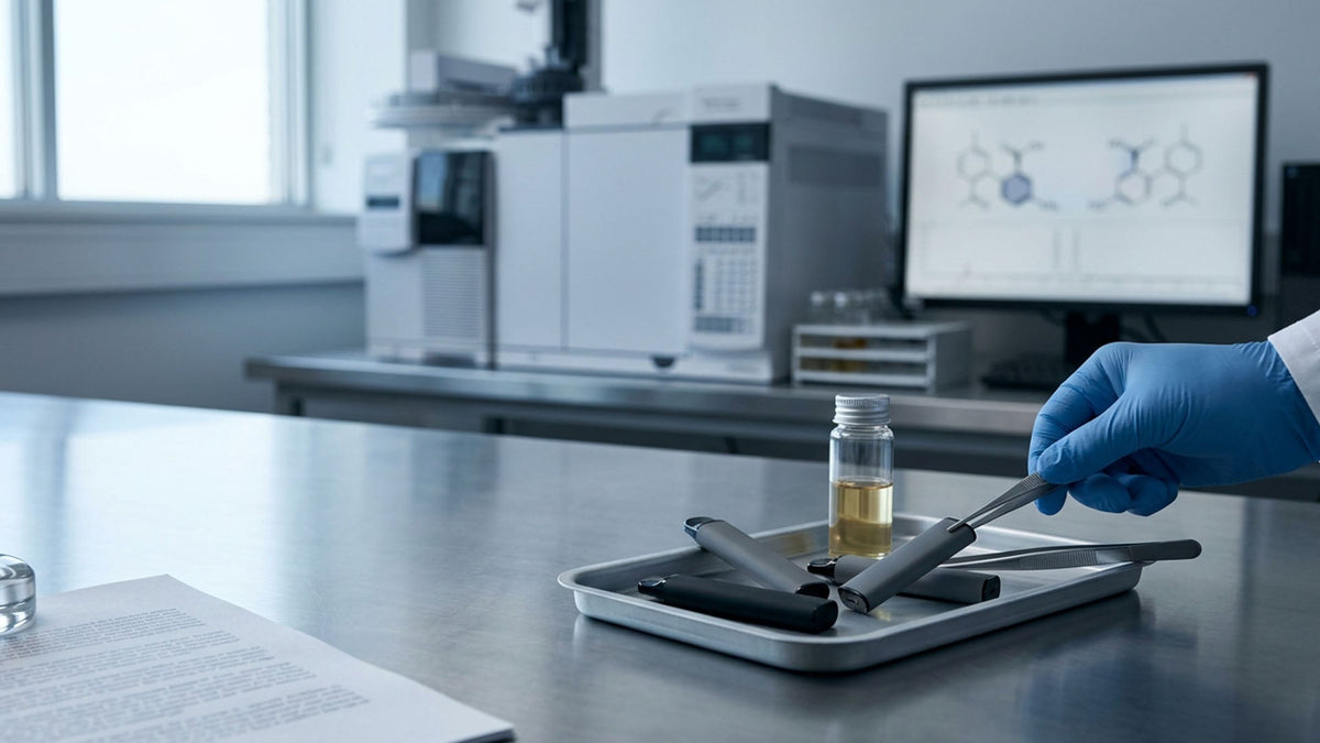 Scientists hand with blue gloves holding one of the Nine Realms 9H-HHC vape cartridges in the laboratory