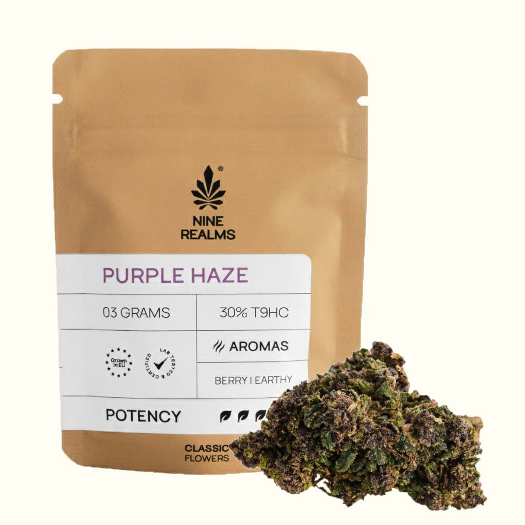 Nine Realms 3g Purple Haze T9HC cannabis flower on a white background with a bud