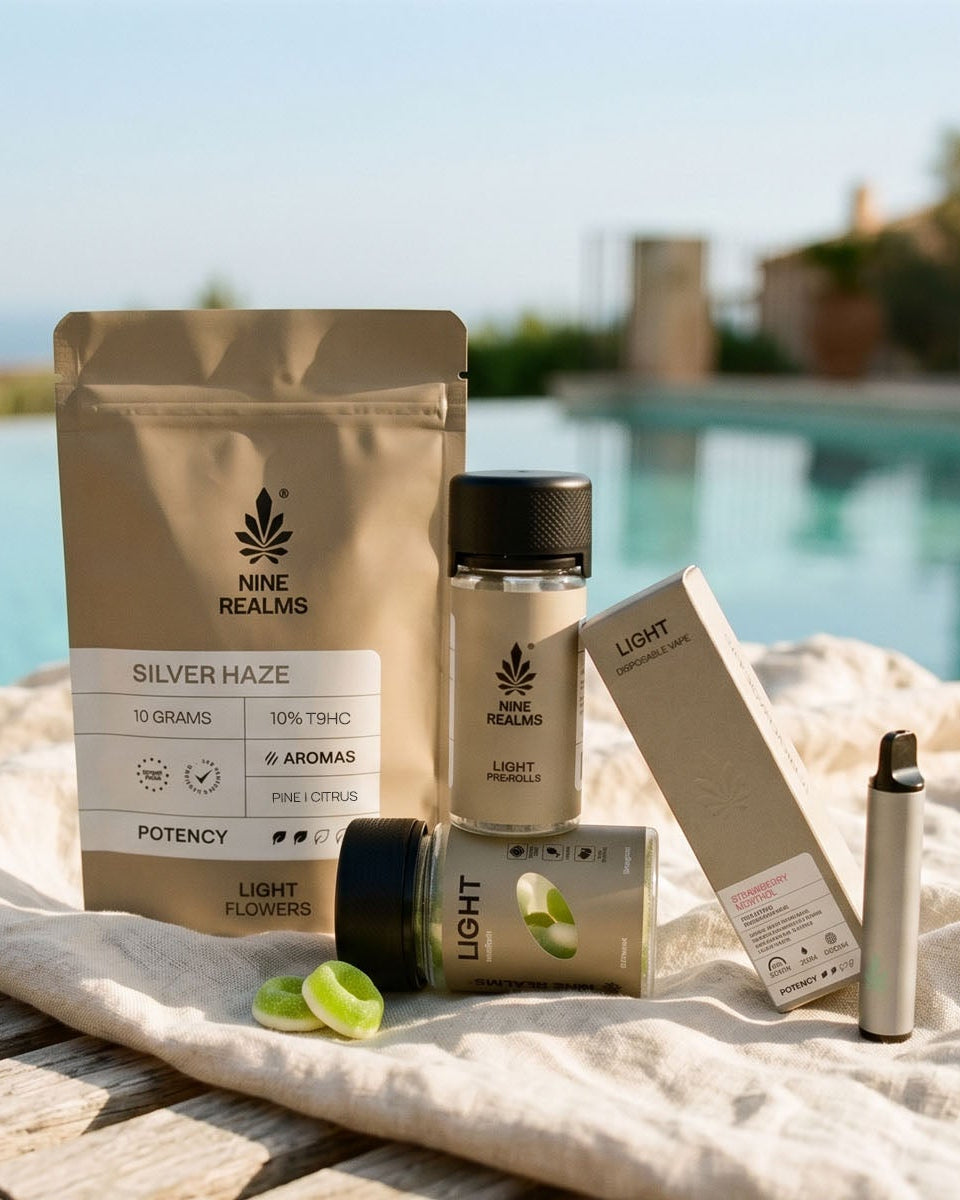 Nine Realms T9HC LIGHT Cannabis bundle on a towel next to a pool