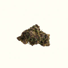 A small cluster of dried Nine Realms PURPLE HAZE cannabis buds with dark green, brown, and orange hues, isolated on a solid off-white background.