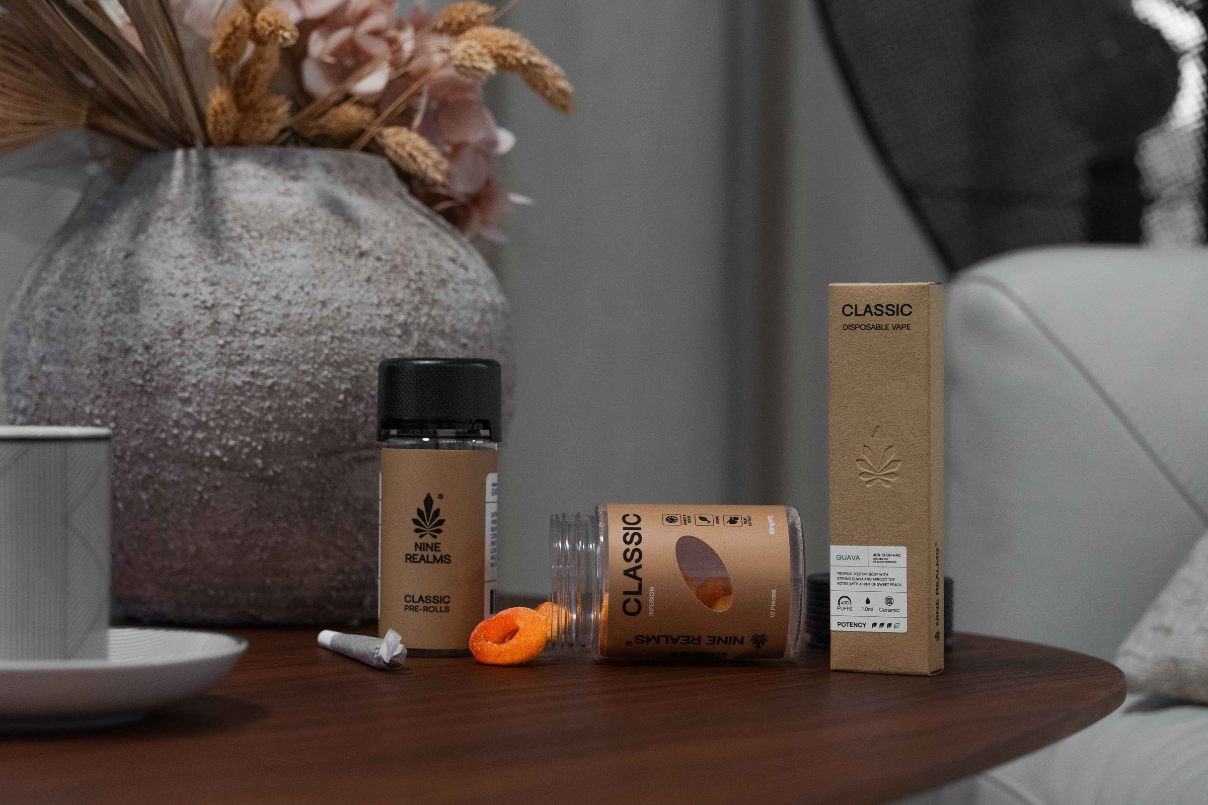 Nine realms classic product collection on a wooden table