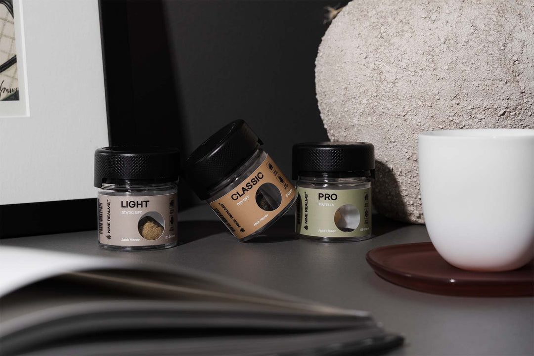 Static, Dry Sift, and Piatella Hash from Nine Realms with T9HC on a office table